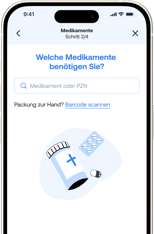 Bildschirm der MYA-App: Eingabe der benötigten Medikamente für die Rezeptanfrage